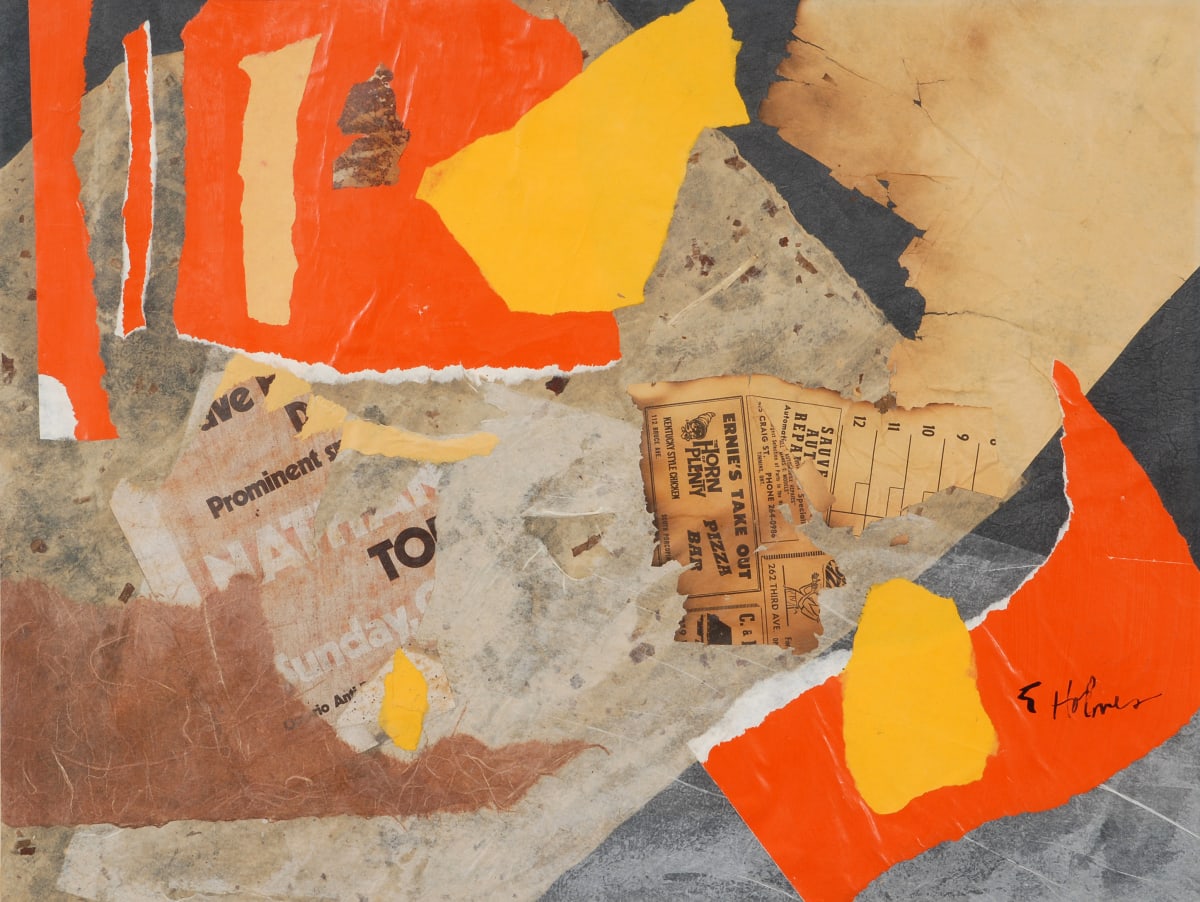 Collage by Elizabeth Holmes  Image: I like working abstractly in collage with a variety of papers and textures, found and purchased. I like the flat shallow space, overlapping.