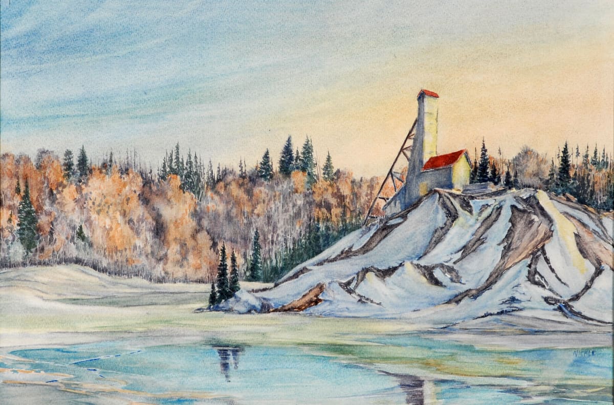 Brady Lake Cobalt by Lawrence Nickel  Image: I made a small oil Painting of Brady Lake and the head frame, likely in 1977 and then I did the watercolour later at the studio – I work in the studio when the temperature is too cold to work outside.