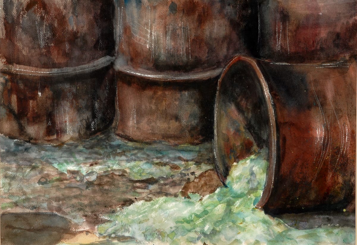 Barrels by Gillian Song  Image: Quite frankly I can’t even remember what medium I was using at the time. I know I was frustrated with my efforts. Strangely I find the image quite pleasing (maybe the reduction of the image photo I saw helped). I am often surprised when I come across work I’ve done years ago and it isn’t as poor as I once thought.