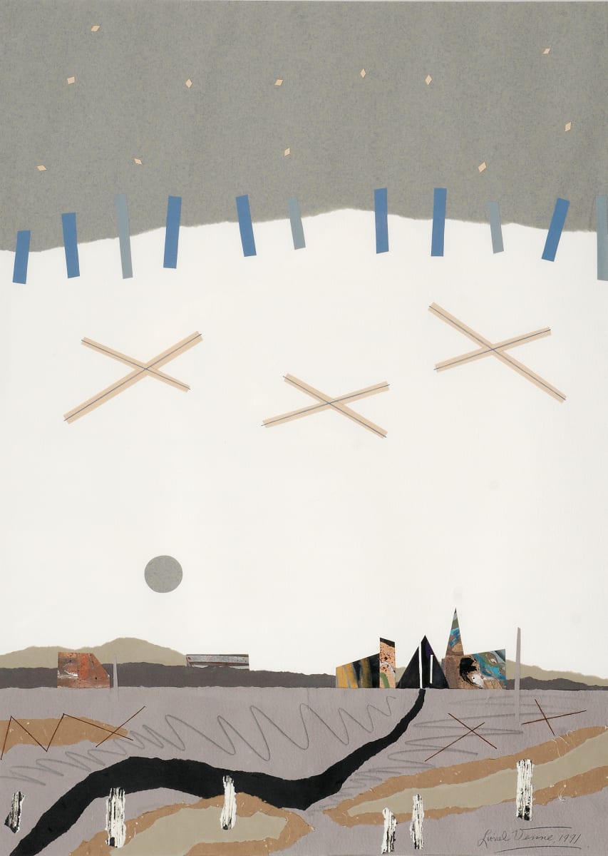 Chemins Vers St. Raymond by Lionel Venne  Image: This work is a collage of papers that I had made. It is an impression from memory of the small church of St. Raymond when I was a child. To attend we often travelled by sleigh and horse in the winter. The church and village has almost all disappeared. (It was named ‘Asses’ on Highway 65 west). The local landscape is my source of inspiration – its forms, hills, farmland and horizon lines.