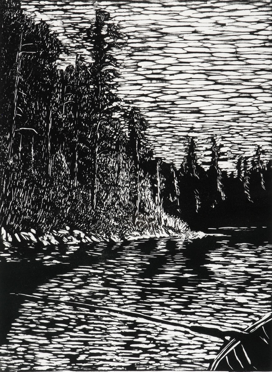 Evening - Lake Temiskaming by Sue Gamble  Image: The work was inspired by a canoe trip on a lake in Temiskaming where we floated and fished for trout. The black and white print represents the stillness of a summer evening. Small lino cuts give energy to the final print, while black and white for lino prints satisfies some kind of internal need for a graphic image.