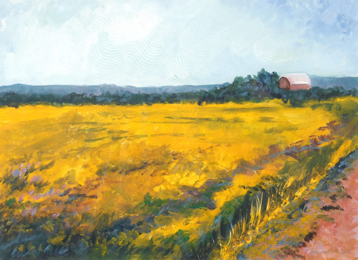 Lost in this Moment by Maureen Steward  Image: This painting is from a series of works on paper created for a joint touring exhibition planned with Elk Lake artist, Lionel Venne. The exhibition entitled 'From Where We Stand' toured five northern venues from June 2003 to June 2005. This textured acrylic painting was inspired by canola fields found around the Earlton area, which can be seen from Highway 11.