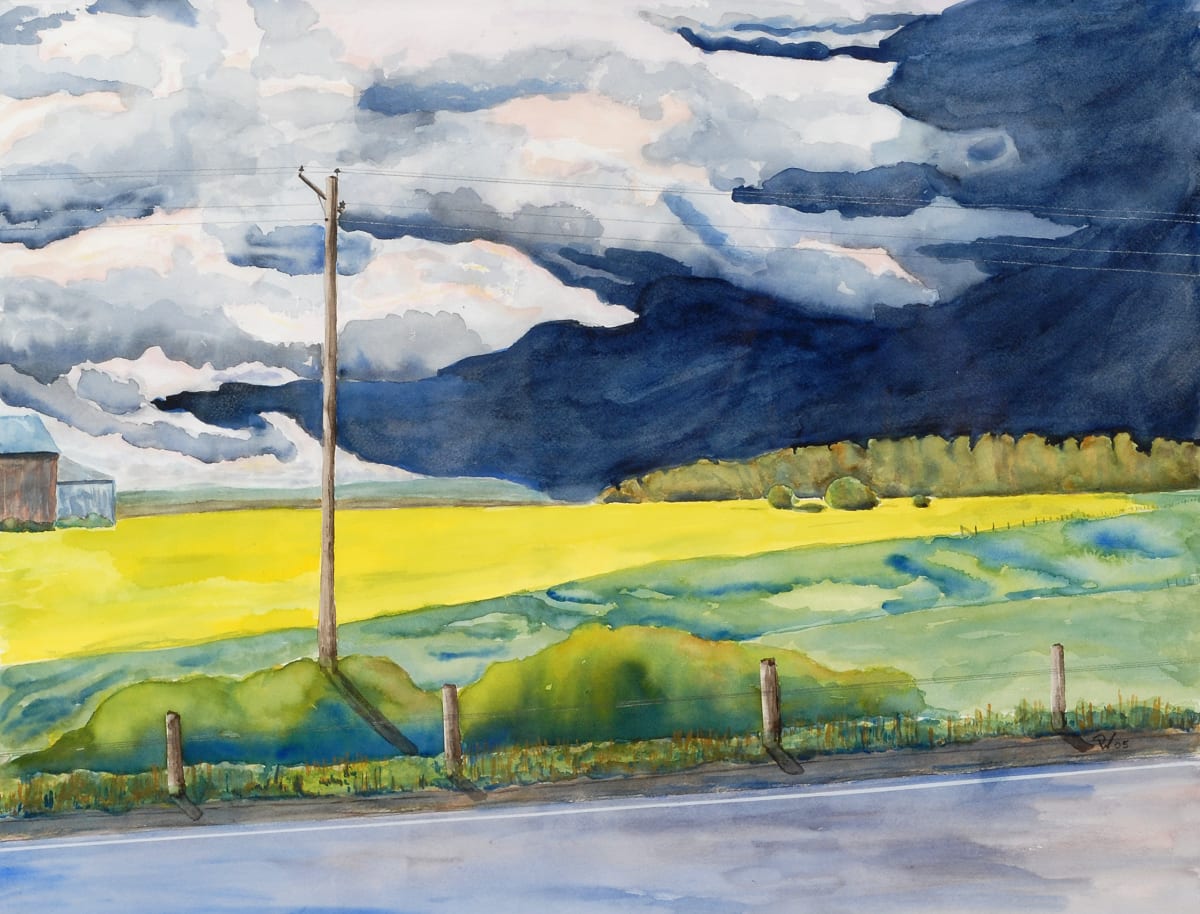 Storm Rising by Walter Pape  Image: Driving along Highway 11 a bit north of New Liskeard on a wonderful summer day I glanced to my right and noticed the dark storm clouds rushing in from the south. The sun was shining onto the canola field. The sight was so overpowering that I had to capture it in this painting.