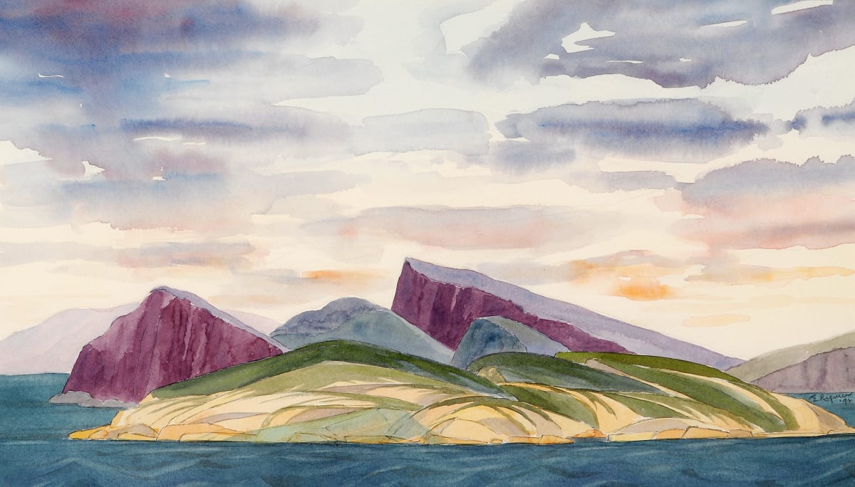 Labrador Coast by Evelyn Rymer  Image: This picture was sketched from the deck of the Newfoundland ferry that travelled as far as Nain on their first trip of the season. No icebergs were seen but sea ice was all around