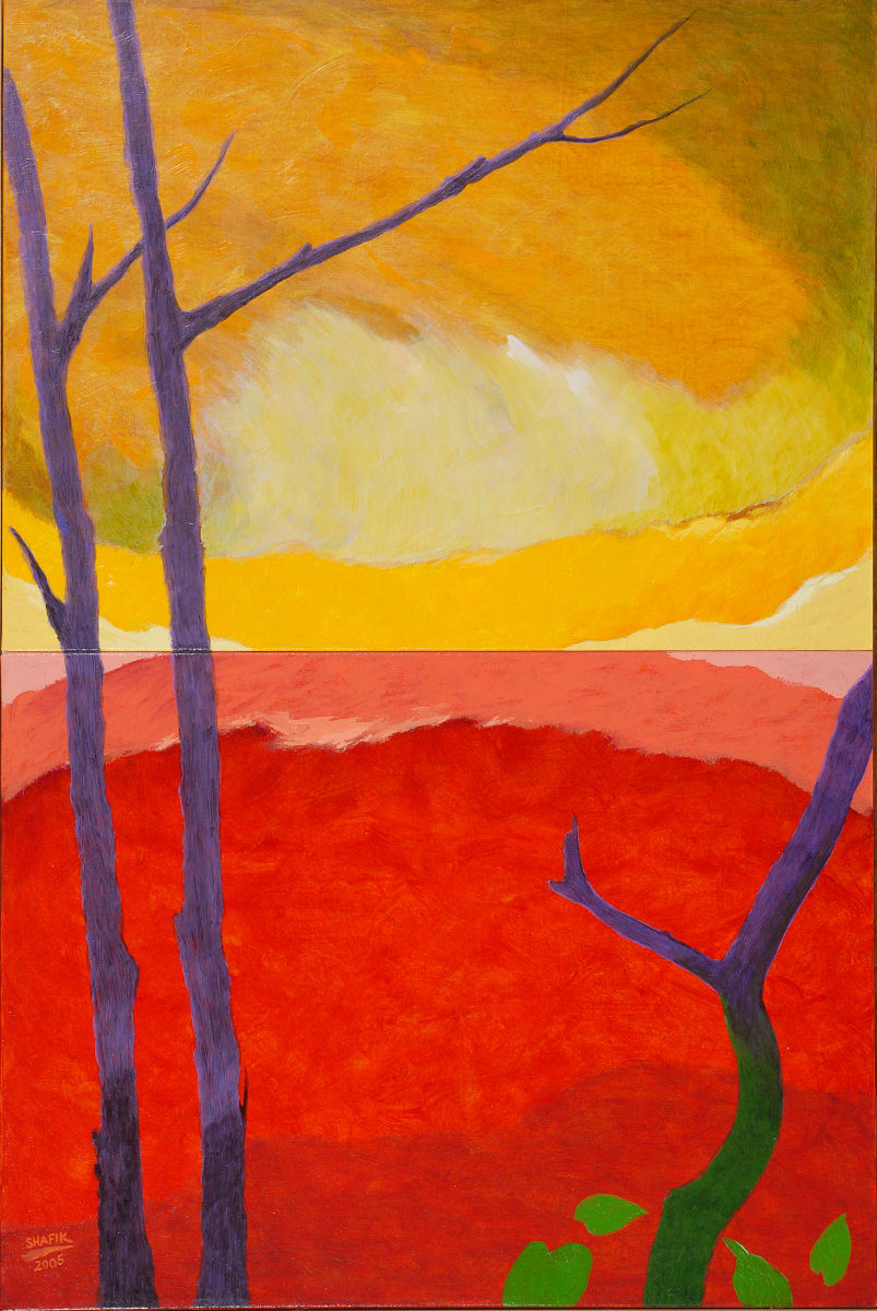 Reflection by Shafik Al-Hamdani  Image: My original intention in this painting as an artist has been completely subverted!. My aim was an austere, non-objective diptych.  ..but the horizontal borderline transformed into a ‘horizon’, the yellow canvas into a ‘sky’ and the red canvas became a ‘lake’ and vertical tree trunks were added.  …Why not!  The object was to create Beauty, not to reproduce likeness.  …In all my work, I try to transform the lowly, medium of paint into the transcendent, immaterial illusion of light.  