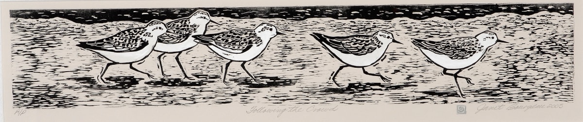 Follow The Crowd by Janet Bourgeau  Image: I was inspired after a workshop in Wawa at Natural Superior Adventures. Daily I would see these sandpipers scurrying up and down the beach in groups darting in and out of the waves along the shore. This work was one of several woodblock prints exhibited in an exhibition in 2007, entitled Journeys.