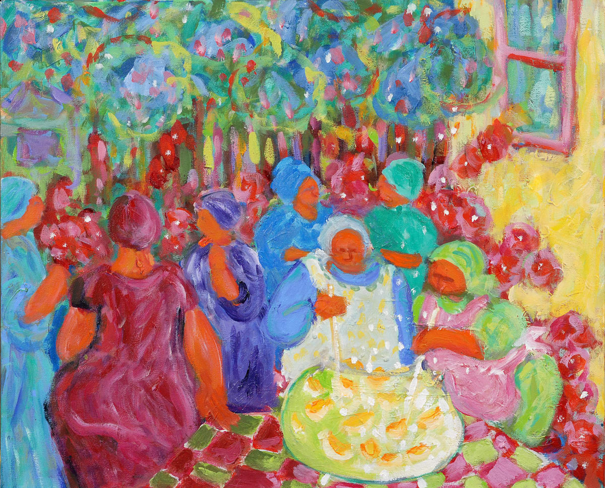 Summer Lemonade by Betty Macauley  Image: This painting from my mind, is a magical moment when a group of women gathered for a chat and lemonade and as their emotion and chatter grew, lo and behold, they ended up stirring up a batch of blackbirds, such is the power of communication.