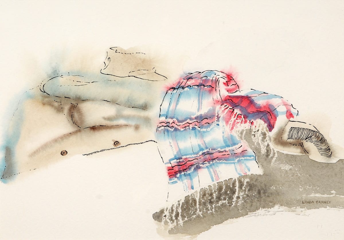 Jack Burton's Winter Wear by Linda Carney  Image: One evening while painting with the Cobalt Temiskaming Sketch and Brush Club, I chose this subject over yet another still life. I found the scarf colours and patterns of cap and jacket more interesting. With no preliminary drawing, I practiced a very wet, loose watercolour using directional strokes and a white wax crayon as a resist. I think the spontaneity of this style stands up today and I still use it. I like the abstract quality with just enough detail to provide information.