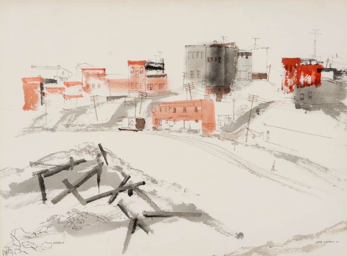 Cobalt Railway Tracks & Store Backs by Linda Carney  Image: Working on site I started by painting in blocks of burnt sienna to position the brick buildings. In this direct approach, grey is used for another building, the hillside and heap of railway ties, keeping the palette limited. Watercolour loaded on to a steel pen is used for detail.