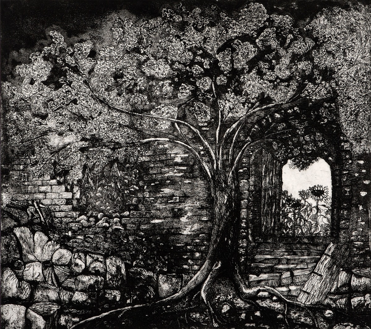 Out of the Ruins by Walter Pape  Image: This etching was created for the exhibition of the Temiskaming Palette and Brush Club with the title Second Site. Having been in Provence (France) recently this scenery came to mind. There are many castles or villas which are in ruins but there is always new life coming out of them.