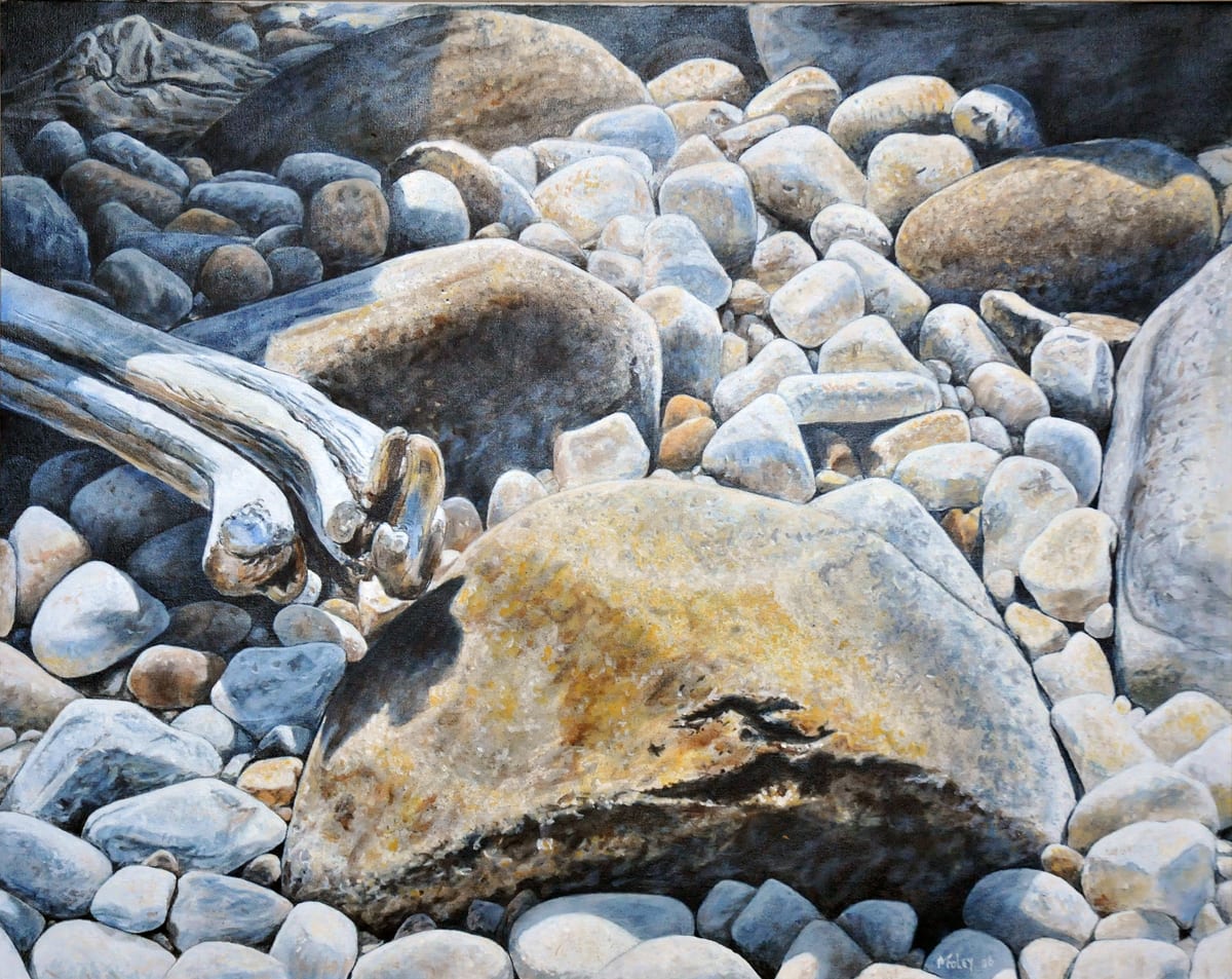 Cobble Beach by Martin Foley  Image: Cobble Beach is an image inspired by the rock beaches along Lake Superior. The light reflected off the rocks is almost blinding, lending a very bleached effect to the work.