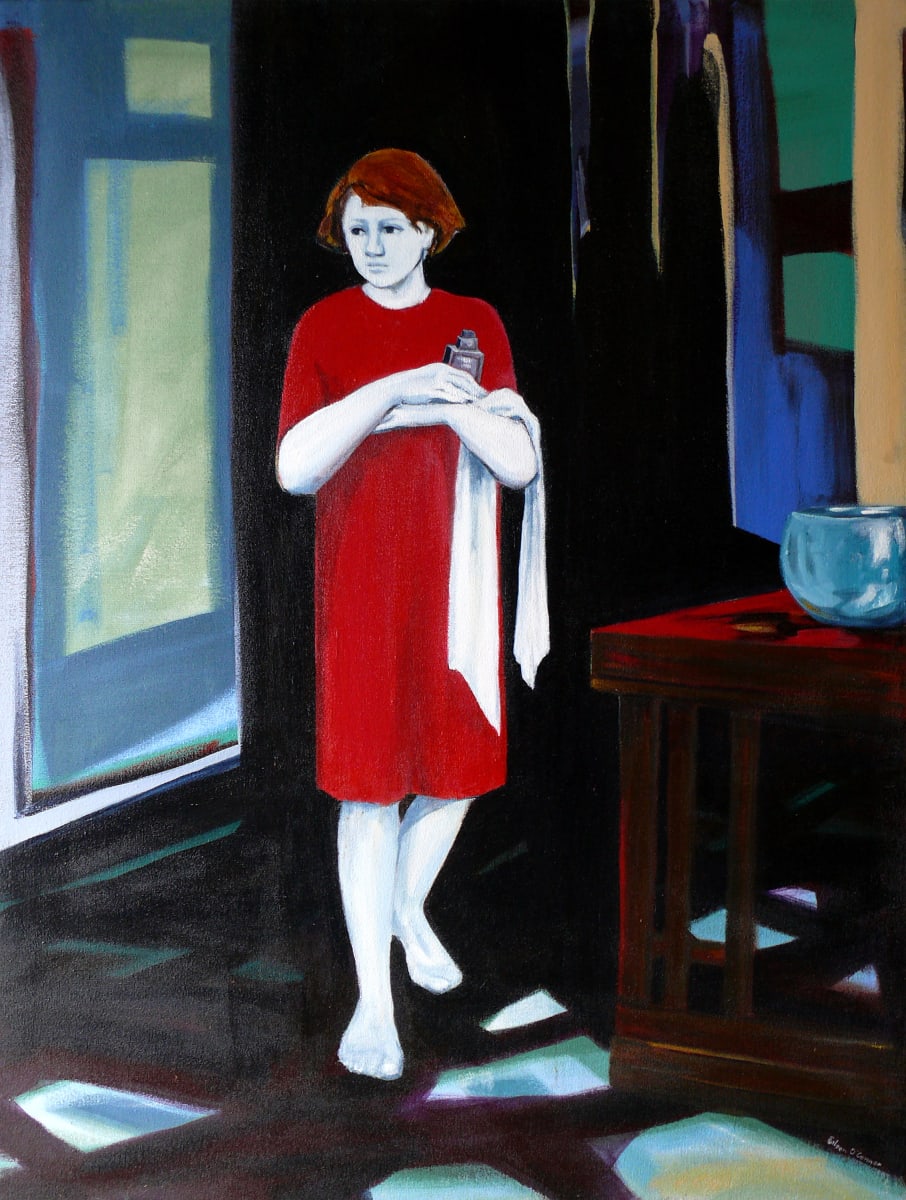 Eve, 7 a.m by Eileen O'Connor  Image: Although a modern figure, the name Eve conjures up images of the first woman in the Garden of Eden, casting a very different light on what might appear as a traditional bathing scene at first. Here Eve rises for her toilette, lotion and towel in hand, readying herself for the day by washing away the impurities of the world, returning herself to a state of grace. The stillness of early morning is evoked in the expansive use of black in the painting, shrouding the figure, emphasizing the
whiteness of her flesh and invoking a sense of purity. She is the spark of hope in the darkness.