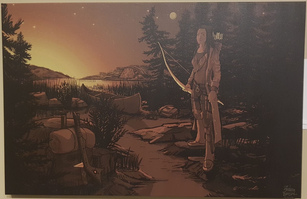 Brave Kwe by Andrea Burton  Image: I was asked to illustrate Shannen Koostachin as a comic book hero by Tyler Twarowski who is the Director of Service at CMHA. We had revisioned her as a 23-year-old fierce Woodland Cree warrior with traditional clothing and weaponry, leaving on a morning hunt on the banks of Lake Temiskaming in Northern Ontario. Here is the storyline we added to the comic.

Brave Kwe Story:
It's 1860, 200 years since the great loss of our people and settlement of the Shagonash on Turtle Island, and 30 years since the white men began taking the youth to their schools. The Chief of the white-skinned people had pushed our nations off traditional territory. Young Brave Kwe had travelled this endeavour to speak with this chief of fish belly and prayed that she would find spirit in his eyes. This is one of many lost, untold stories.