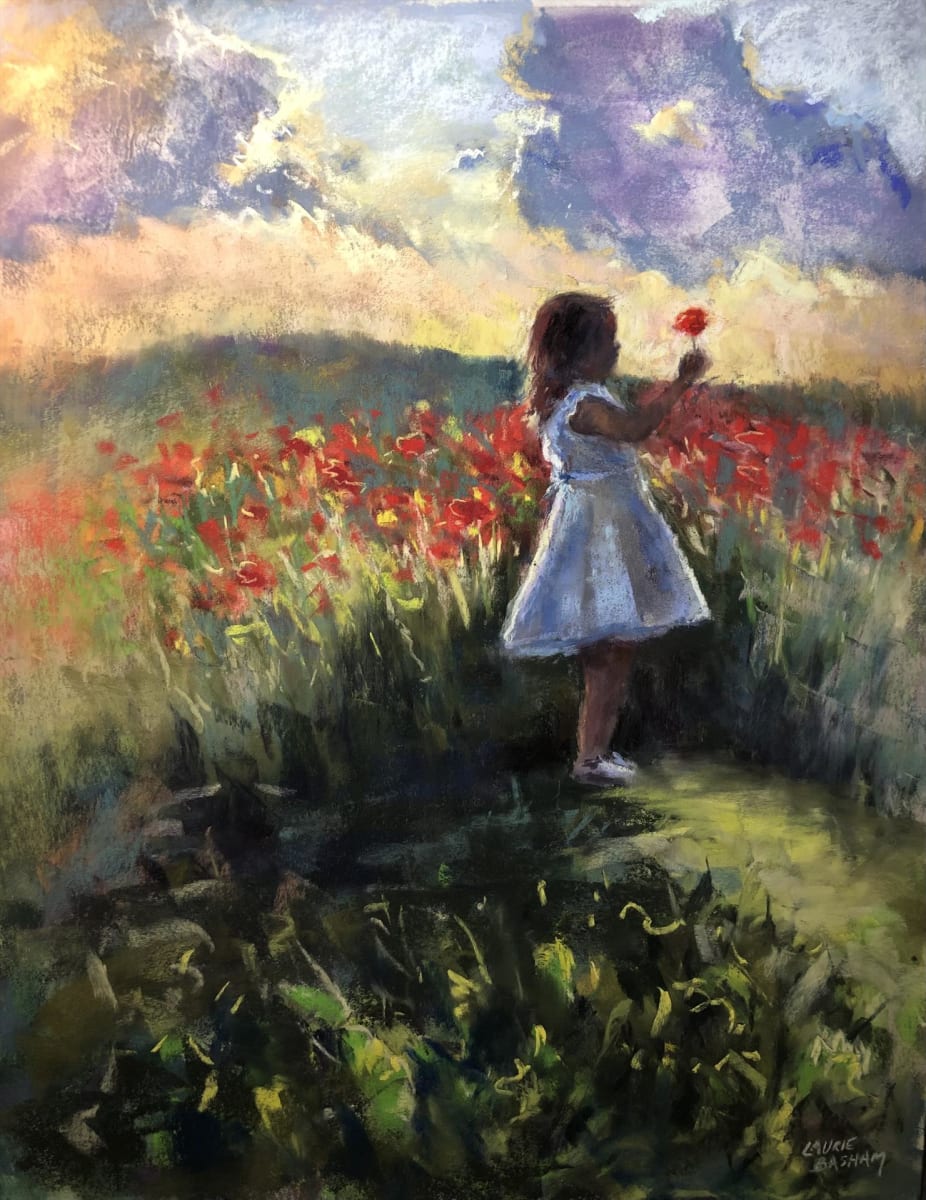 Poppy's Girl by Laurie Basham  Image: A young girl in a white dress hold up a single Poppy while the sun sets on the field of the red-orange blooms.