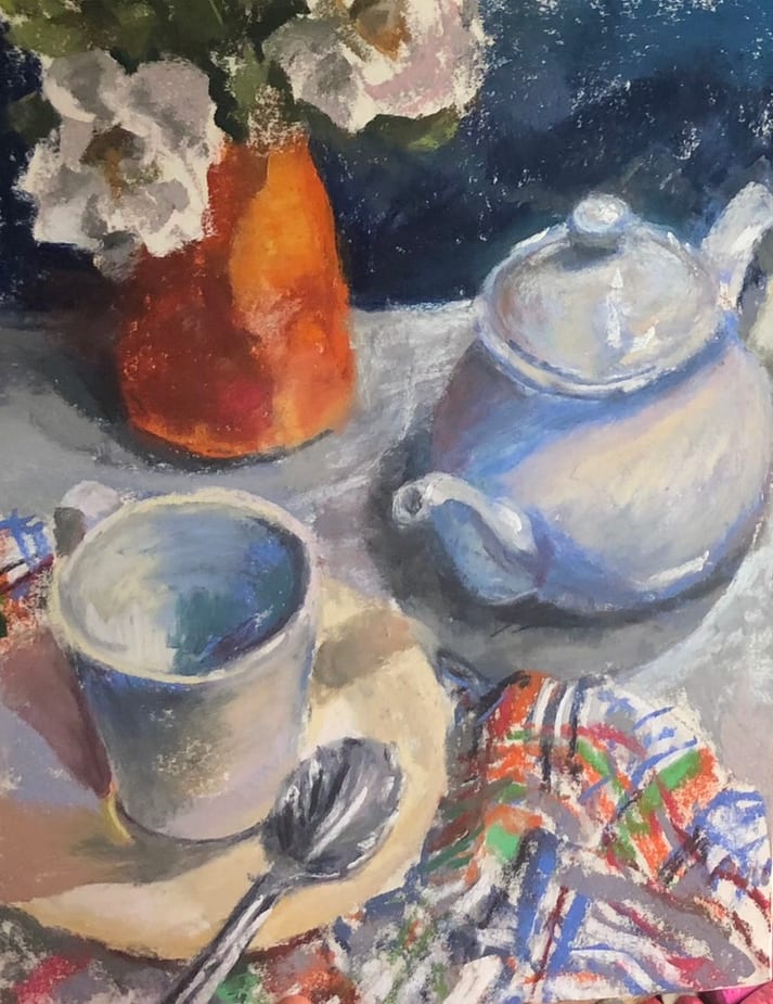 Teapot and Orange Vase by Laurie Basham, Image 1.