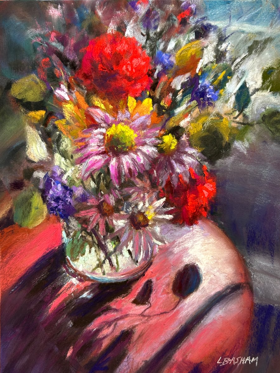Bouquet on Brown Leather Chair by Laurie Basham, Image 1.