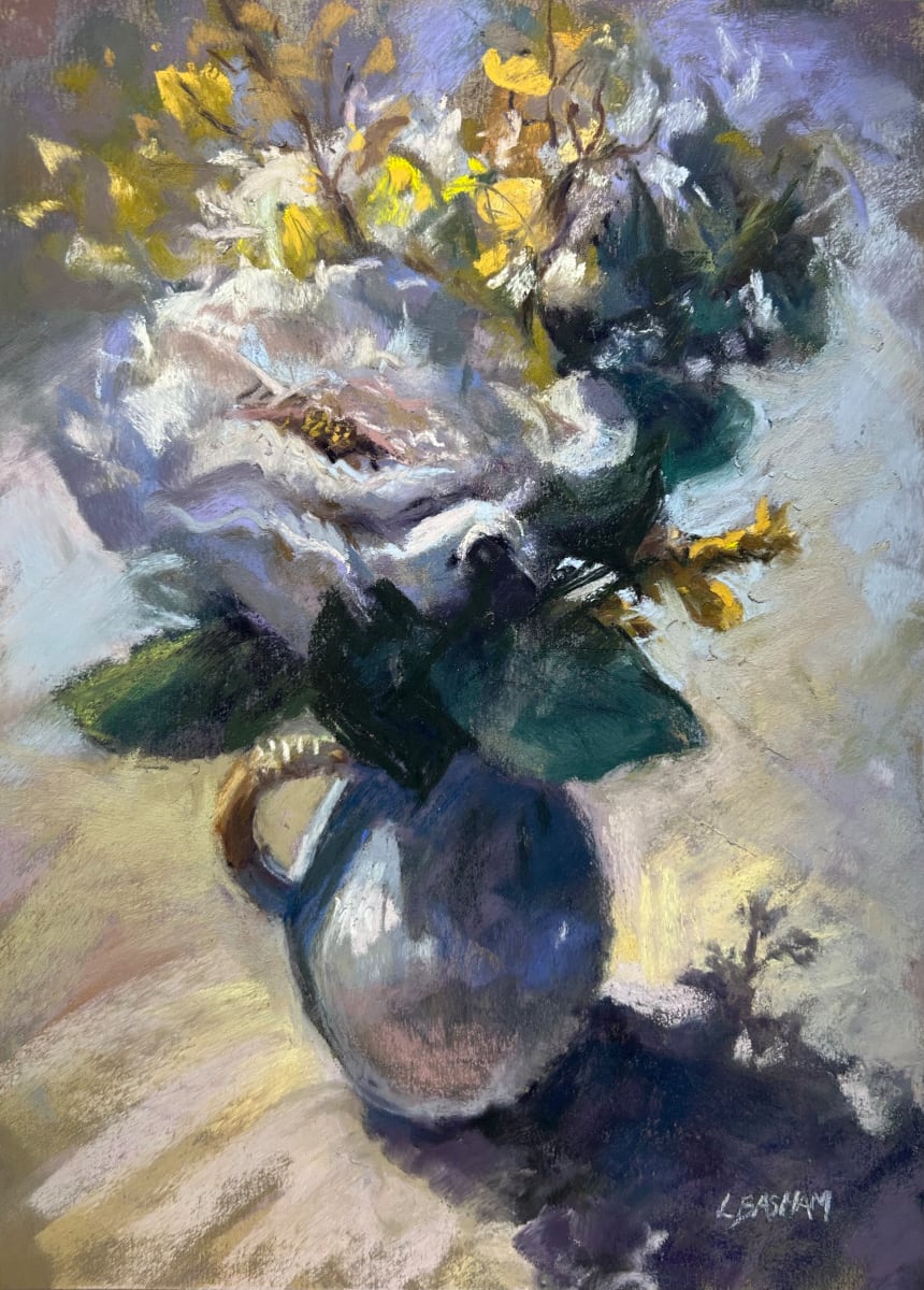 White Flower and Forsythia by Laurie Basham 