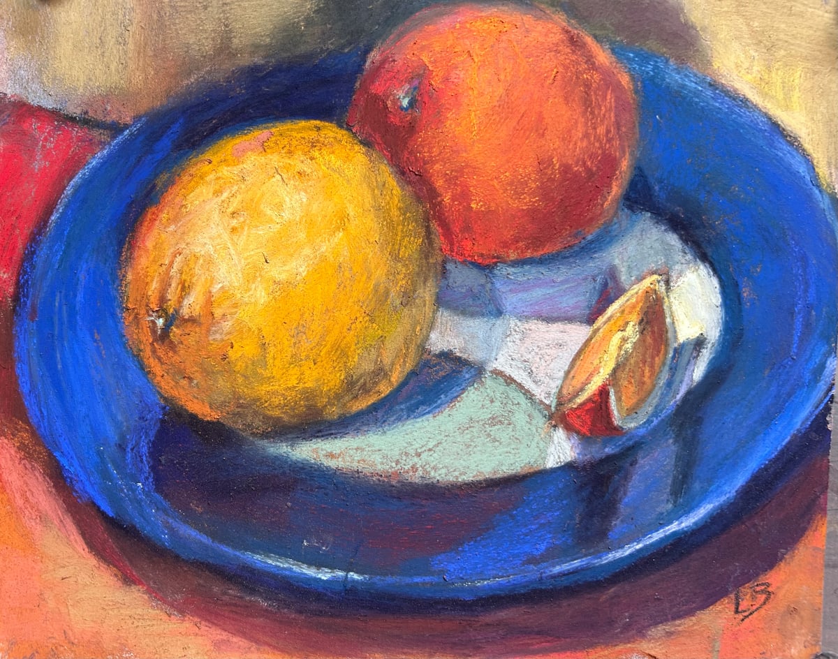 Oranges on a Blue Plate by Laurie Basham 