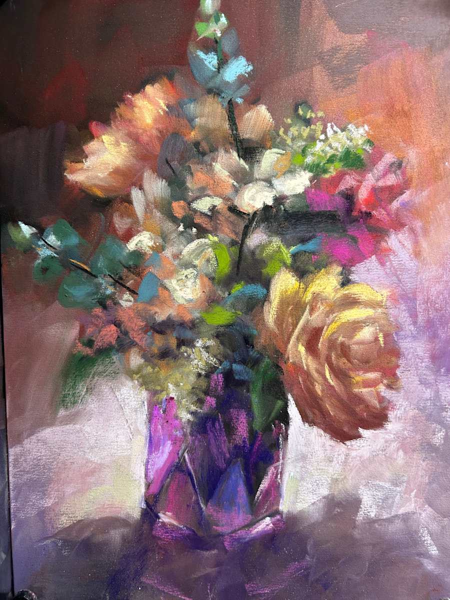Purple Vase with Yellow Rose by Laurie Basham, Image 1.