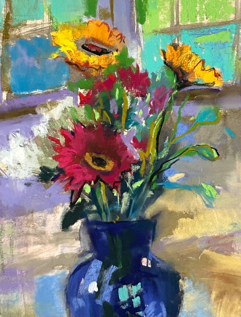 Bold Flowers in a Blue Vase by Laurie Basham, Image 1.