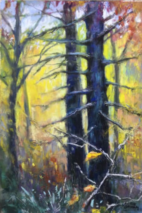 Stone Mountain in Fall  Image: Painting of trees in the fall with yellow background