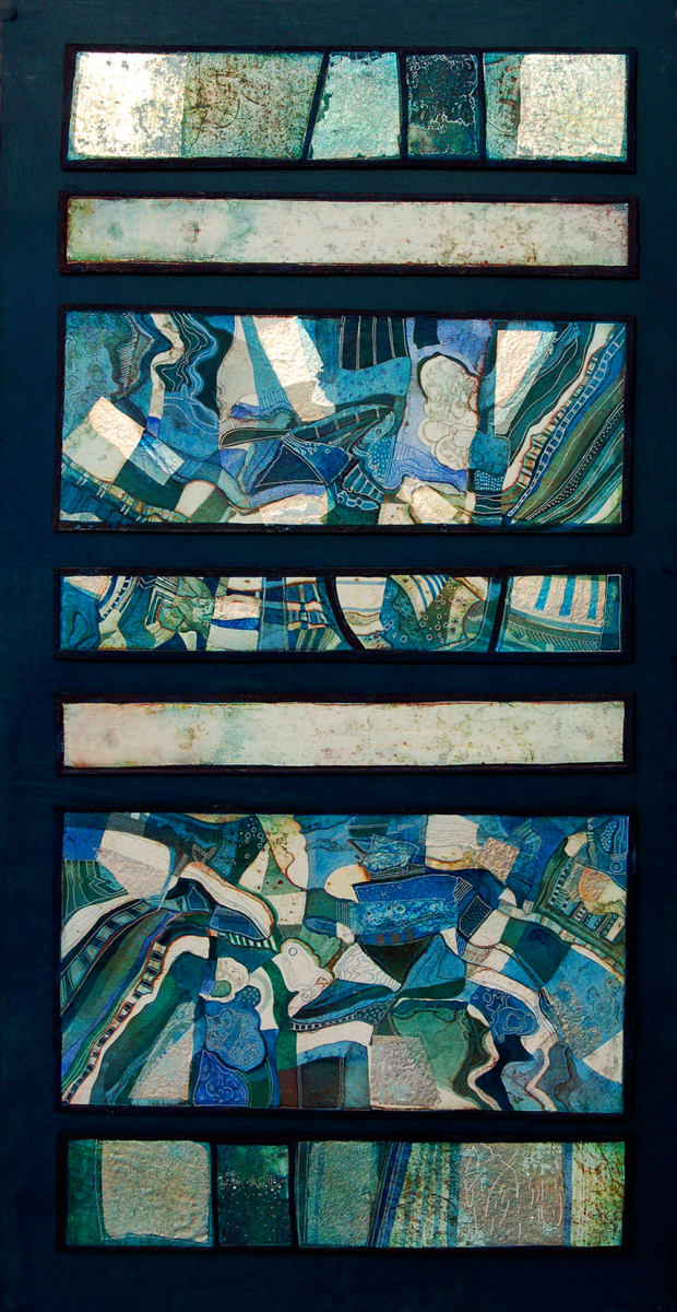 Silver Layer I by Brenda Hartill  Image: One of a pair of layered collages, this one is predominantly blue and black with silver leaf