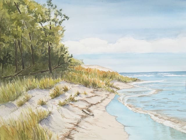 Shining Shores of Lake Michigan by Sue Dolamore  Image: The beautiful shores of Lake Michigan inspired this watercolor.  