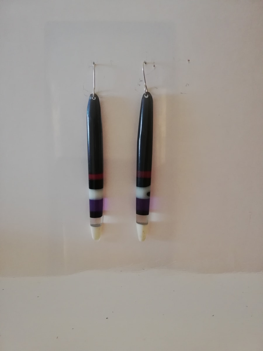 Grey, red, black, white, clear earrings with sterling silver fish wire  Image: Grey, red, black, white, clear earrings with sterling silver fish wire