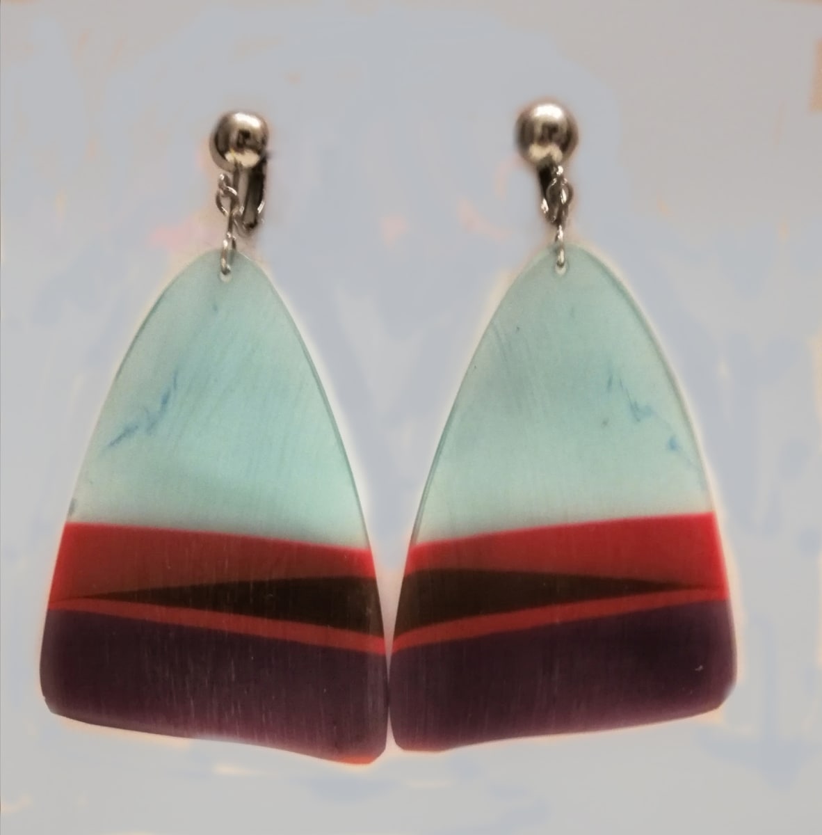 Turquoise, red, brown 'slice' earrings with stainless steel clips  Image: Turquoise, red, brown 'slice' earrings with stainless steel clips