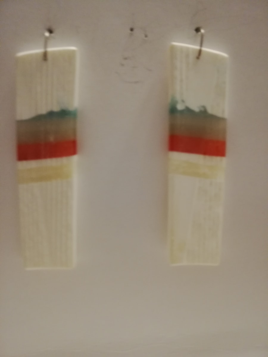 White, green, clear, orange striped 'slice' earrings by cara croninger works  Image: White, green, clear, orange striped 'slice' earrings