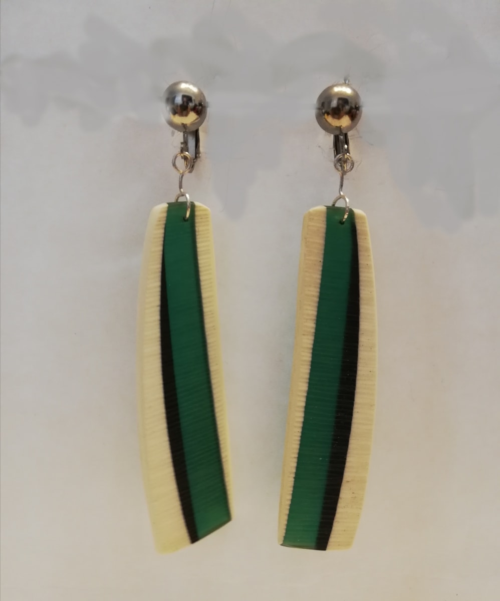 White & Green striped slice earrings Sterling/SS Clips  Image: White & Green striped slice earrings Sterling/SS Clips