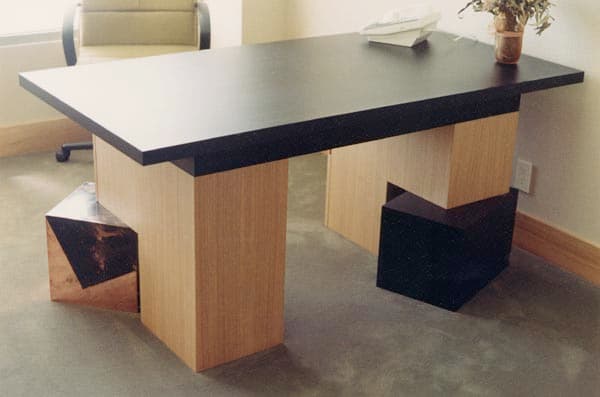 Bleached Rift Oak Desk with Cubes of Patinated Copper and Black Laminate by Eve Mero 
