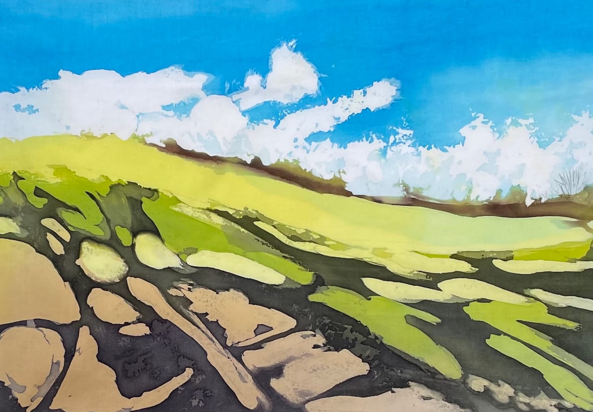 Downland Shadows by Susan D'souza  Image: Batik on cotton, hand painted with fibre reactive dyes.