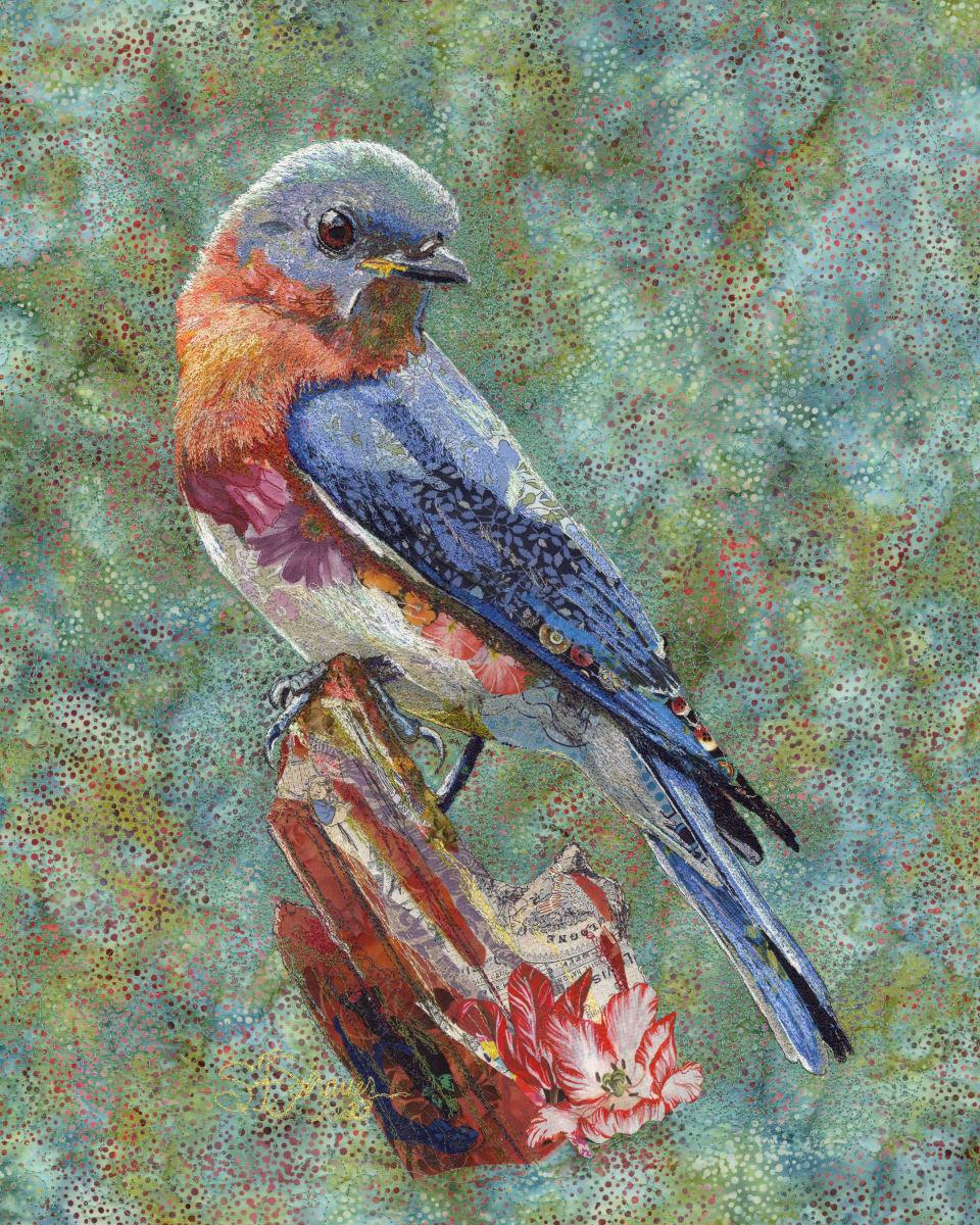 "Strike a Pose"   Eastern Bluebird  (Sialia sialis) by Susan Fay Schauer Fiber Artist 
