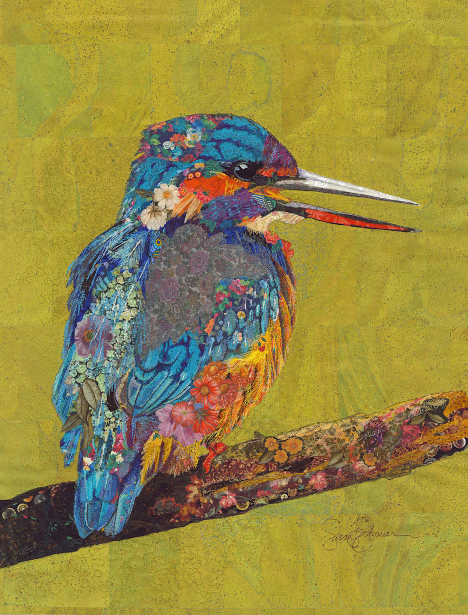 "Botanical Kingfisher" - Belted Kingfisher by Susan Fay Schauer Fiber Artist 