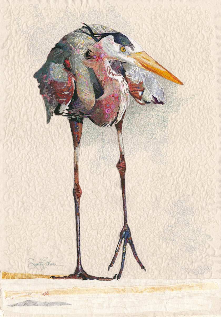"Daddy Long Legs" - Great Blue Heron by Susan Fay Schauer Fiber Artist 