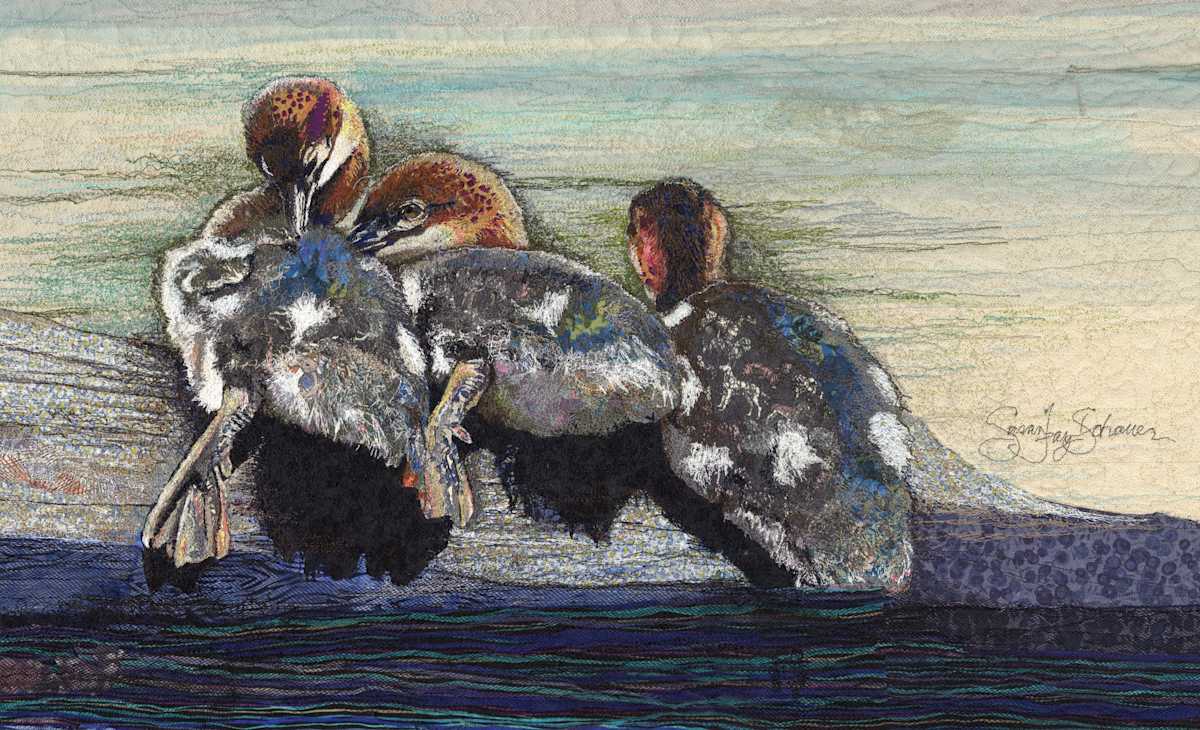 "Learning to Be"  -  Hooded Merganser ducklings. by Susan Fay Schauer Fiber Artist 