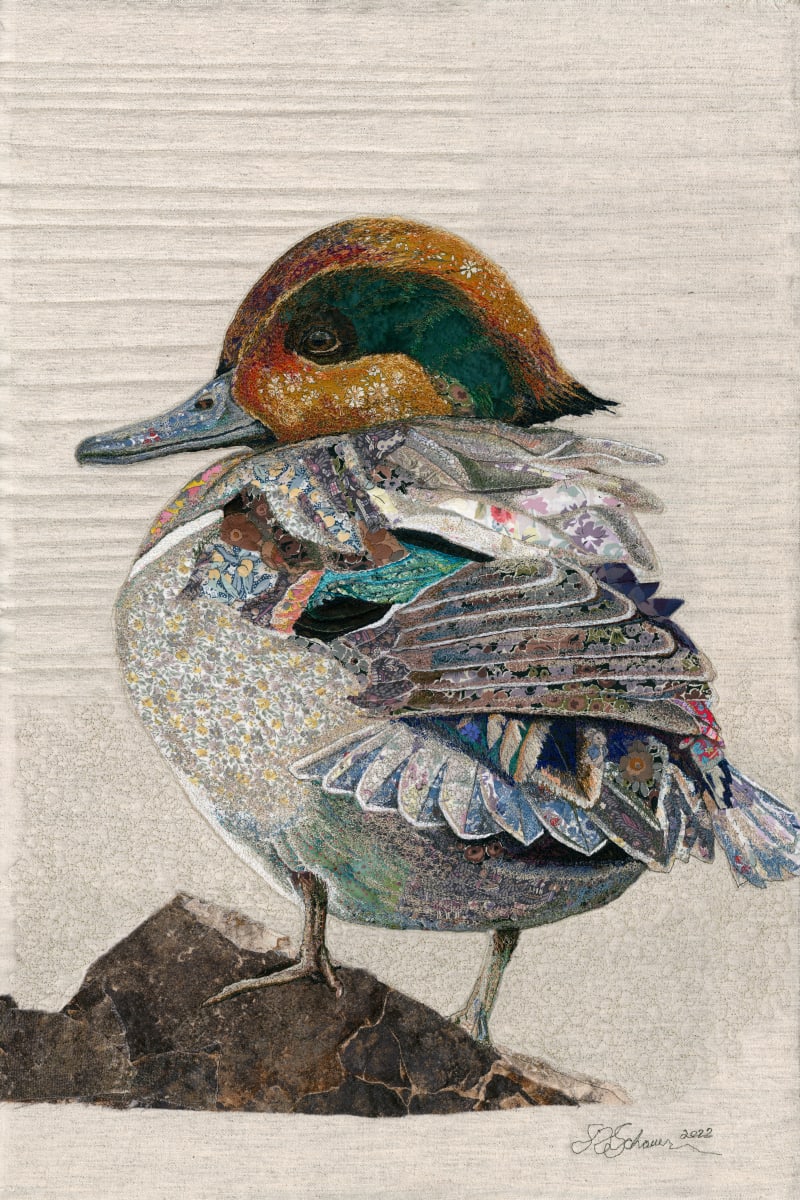 "Little Dabbling"       Green-winged Teal (Anas crecca) by Susan Fay Schauer Fiber Artist  Image: Conservation status: Good.  Green-winged Teal are numerous and their population has increased over recent decades  Green-winged Teal are second only to Mallards in the number of ducks taken by hunters each year, with about 1.7 million shot per year in the U.S. Bag limits for ducks are changed annu