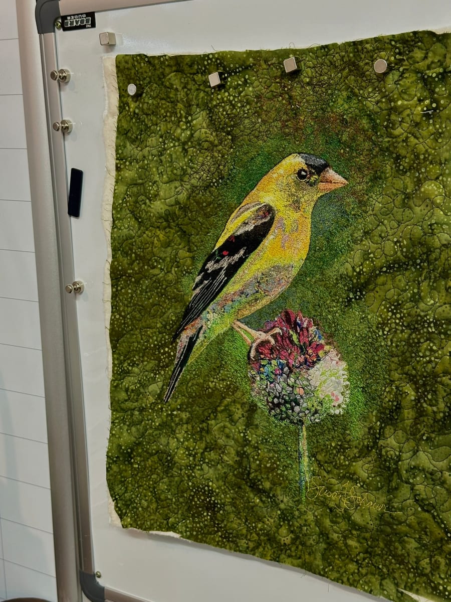 Goldfinch on Thistle by Susan Fay Schauer Fiber Artist, Image 1.