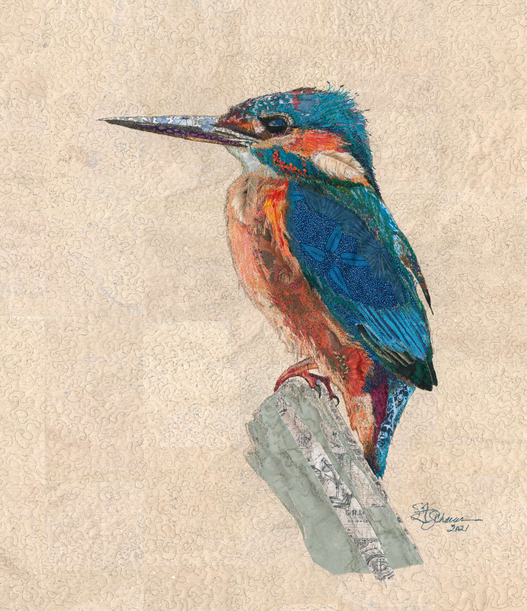 Sit and Wait Strategy:  Malachite Kingfisher - Juvenille  (Corythornis cristatus) by Susan Fay Schauer Fiber Artist 