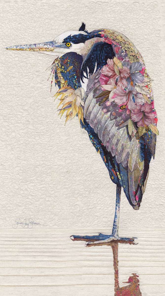 "Winter Regalia", Great Blue Heron (Ardea herodias) by Susan Fay Schauer Fiber Artist 