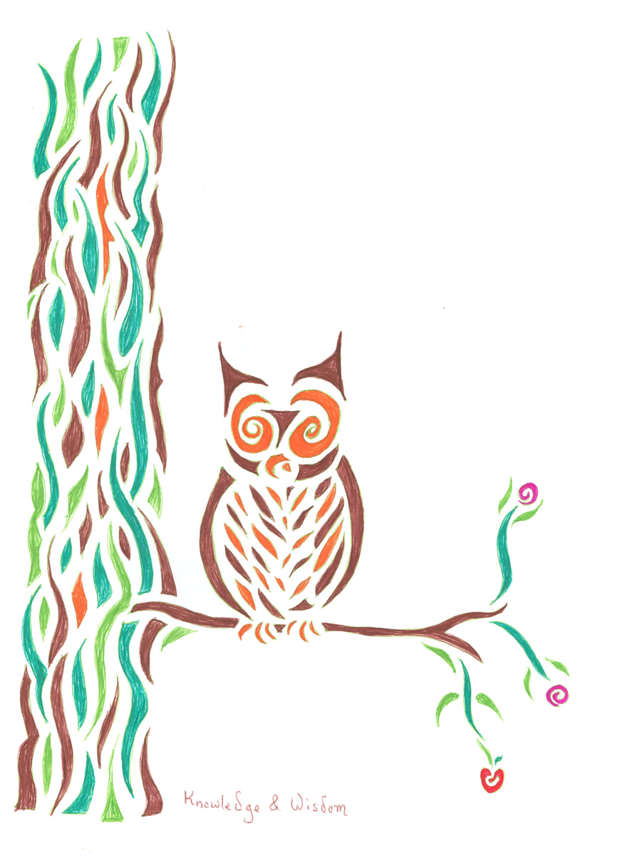 Knowledge & Wisdom by Pauline Williamson  Image: Knowledge (the fruit) and Wisdom (the owl)
