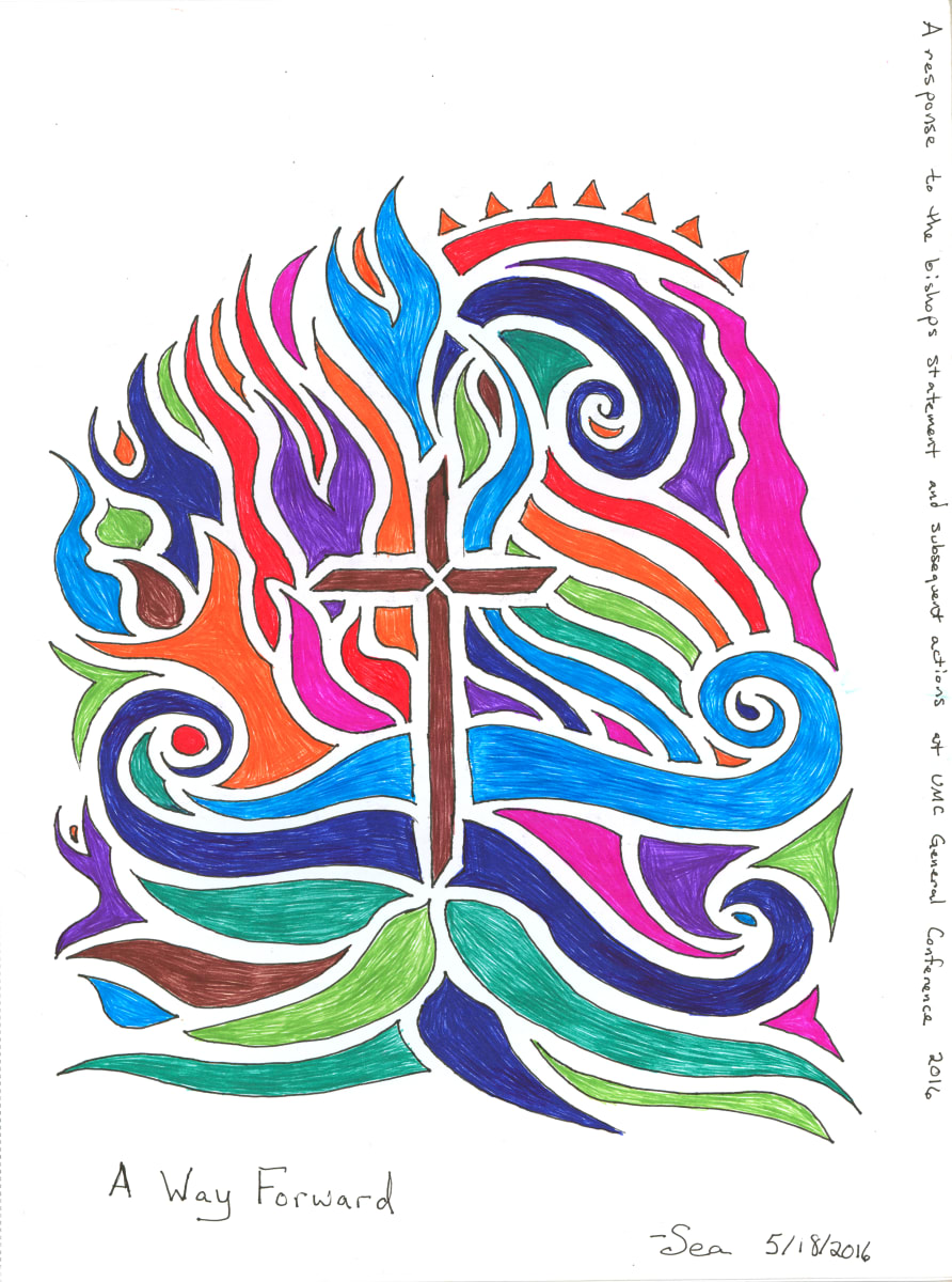 A Way Forward by Pauline Williamson  Image: A response to the Bishop's statement and subsequent actions at the UMC General Conference in 2016. The vision I had was of the cross coming down and striking the rock, setting free the waters of life. 