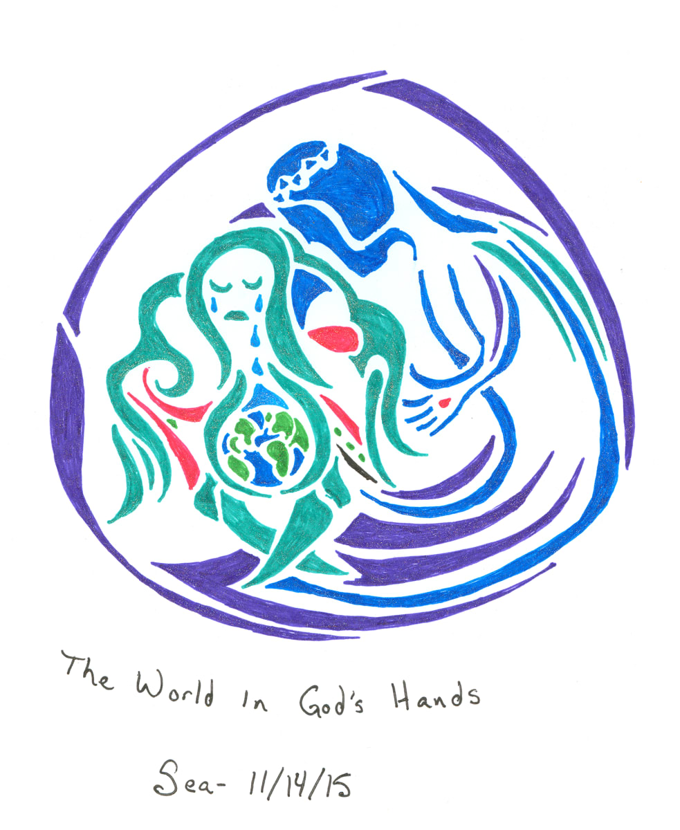 The World in God's Hands by Pauline Williamson  Image: Done in response to the attacks in Lebanon and Paris in November of 2015.