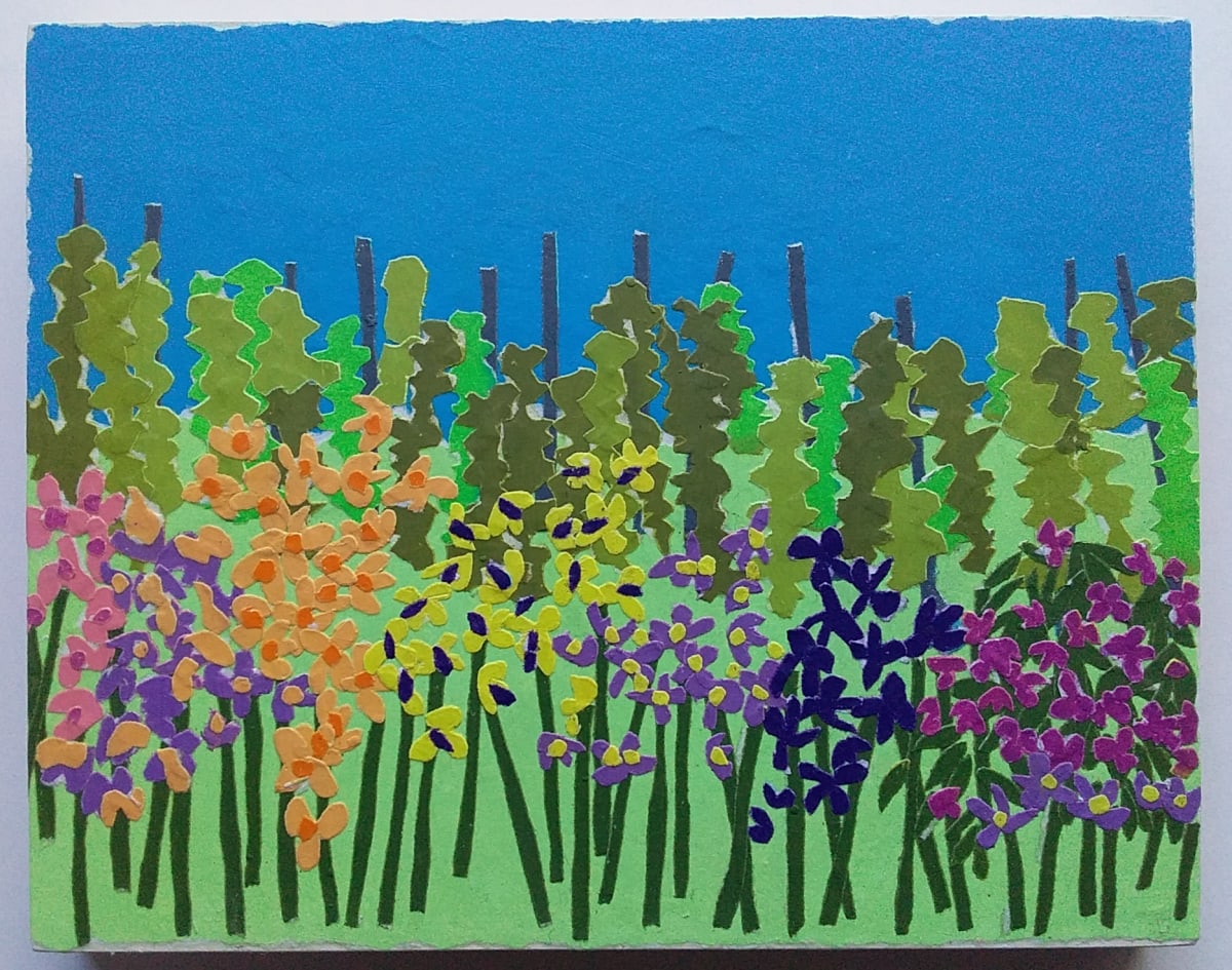 Iris and rhododendron edging veggie plot, Koblenz to Boppard, The Rhine, Germany by Jan Spencer, Image 1.