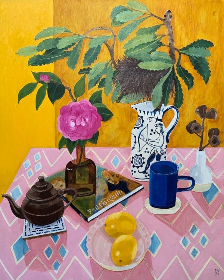 Lemon Tea with Gauguin on Ikat_60x75cm.jpg by Melanie Vugich, Image 1.