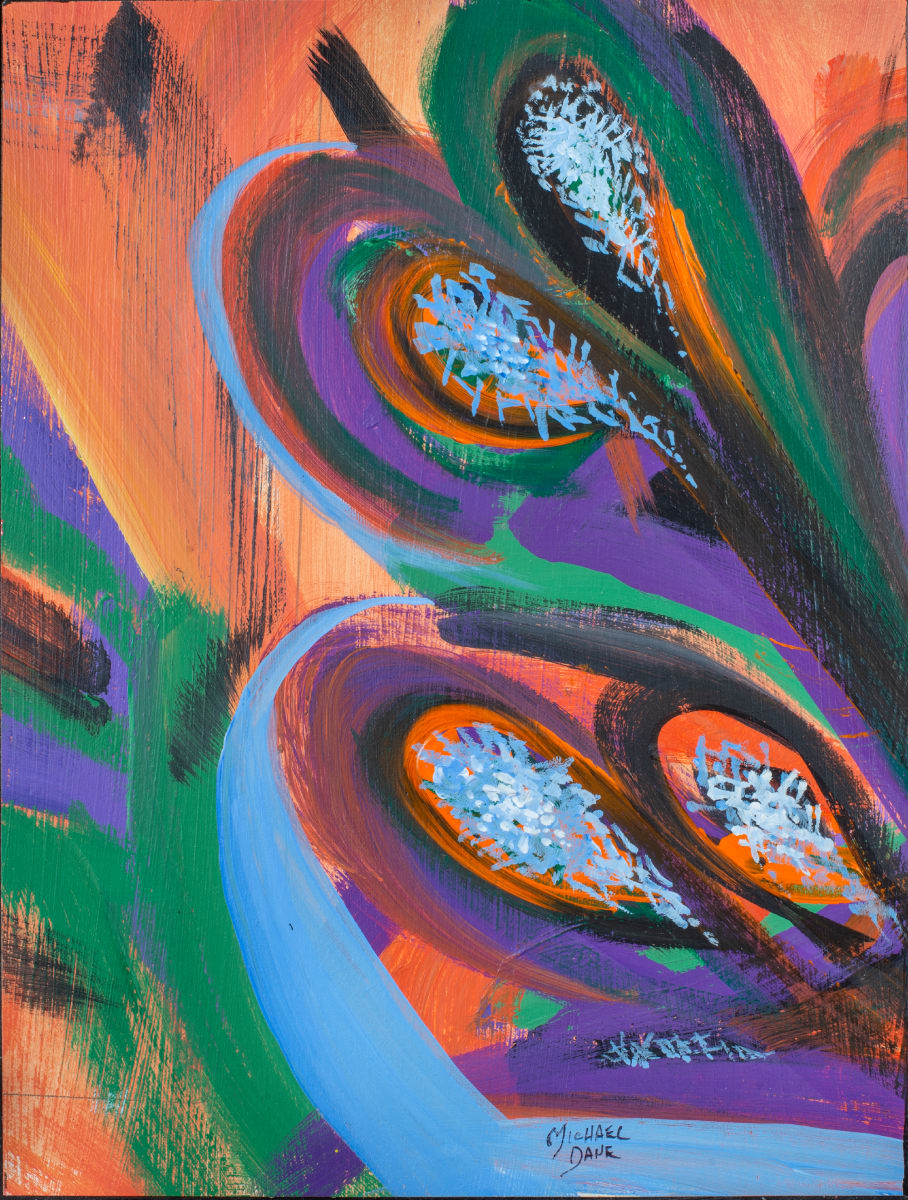 Black and Blue Pods Desert Flower by Michael Dane  Image: Black and Blue Pods Desert Flower Acrylic on Water Color paper on cradled board 12"x9"x1.5" 