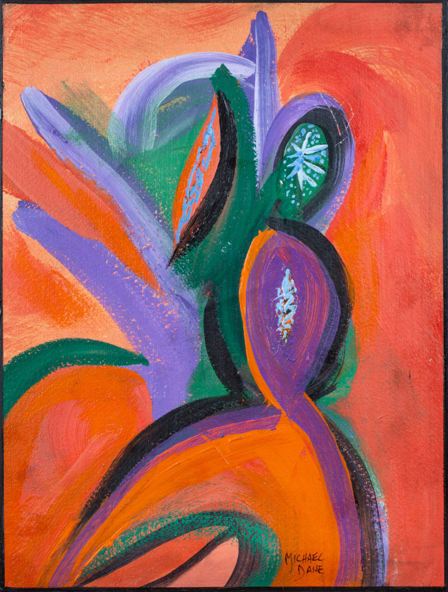 Purple Pods Desert Flower by Michael Dane  Image: Purple Desert Flower Pods Acrylic on Water Color Paper on cradled Board. 12"x9"x1.5" 