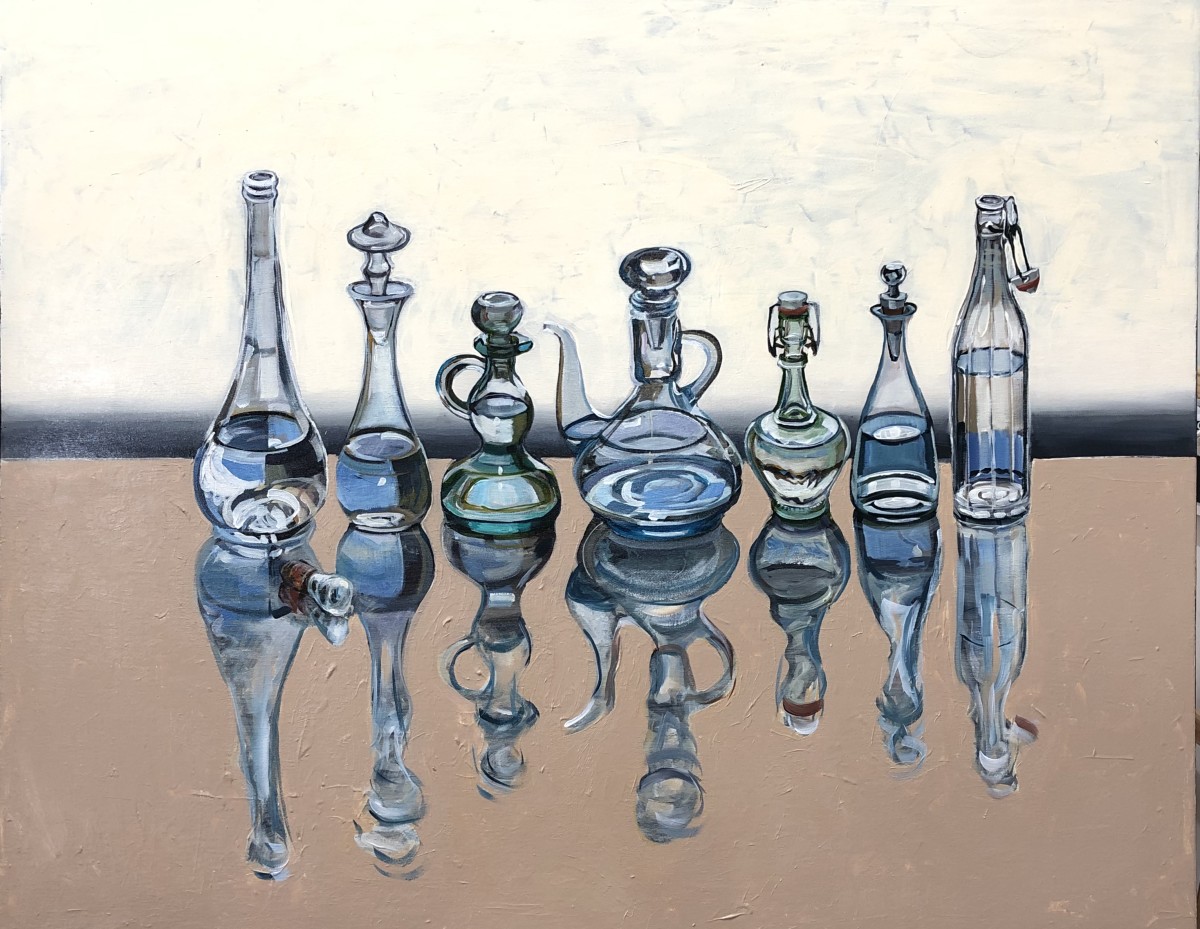 Six Ialian Oil Bottles and One Grappa by Christine Webb 