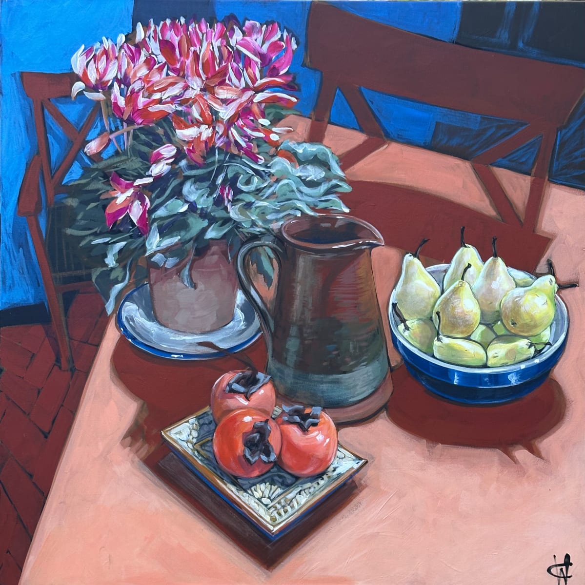 Still Life with Persimmons and Umbian Jug by Christine Webb  Image: From my Italian table. Created in Italy, now on aluminium stretcher bars